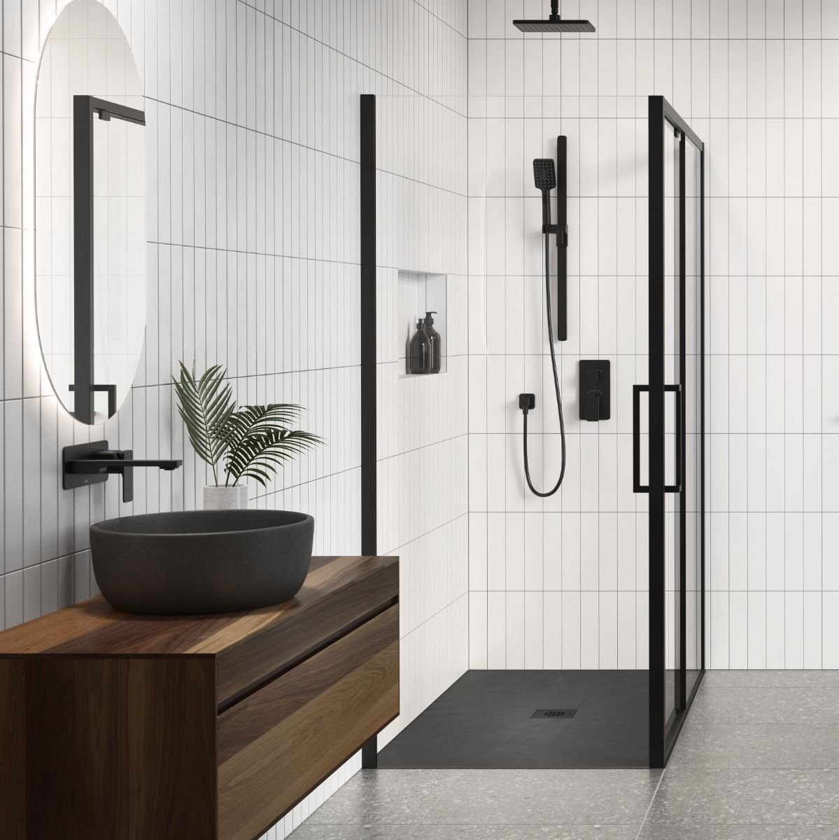 Image of a white bathroom with black fixtures and a wooden vanity